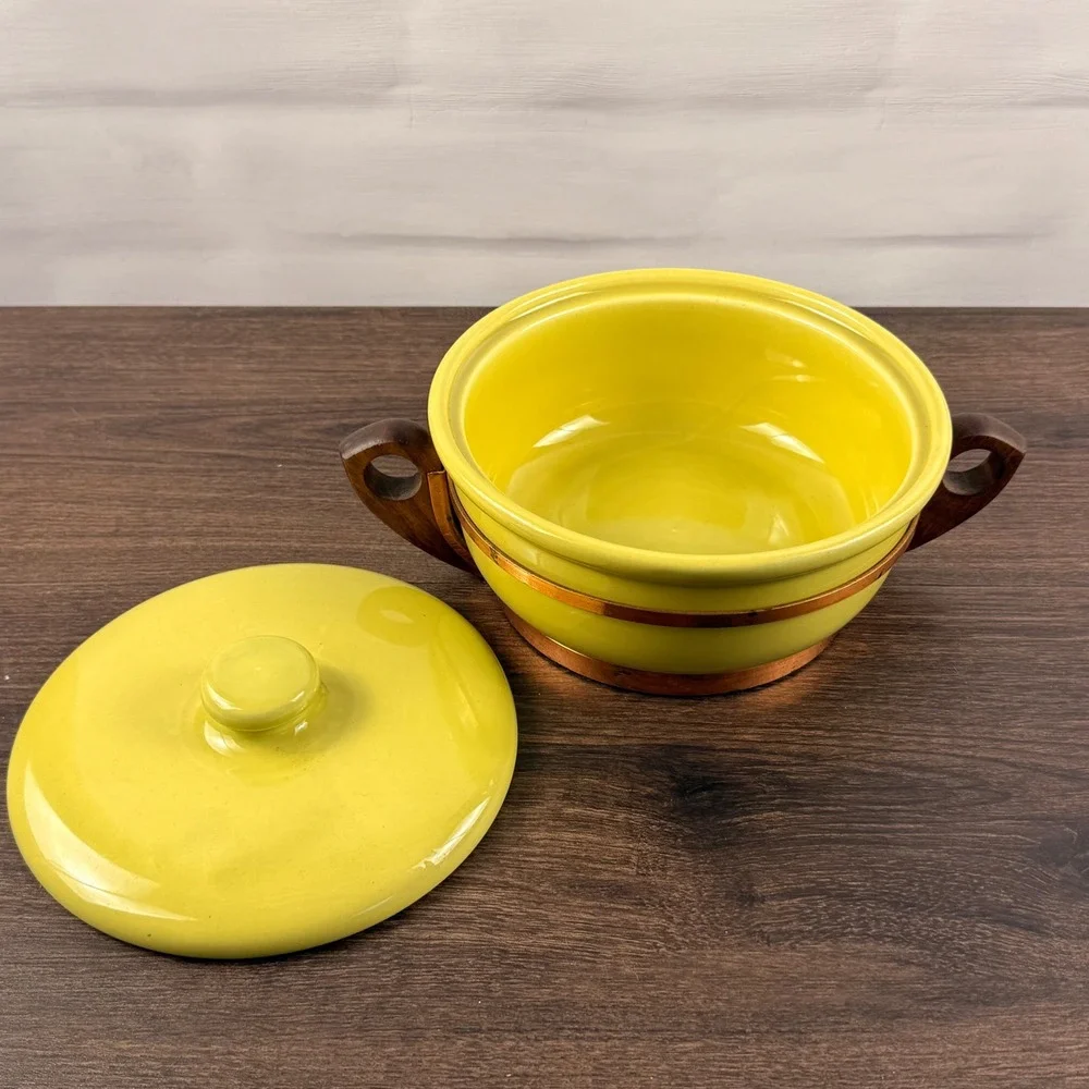 Bauer Pottery Chartreuse Casserole Lid Copper Wood Stand California